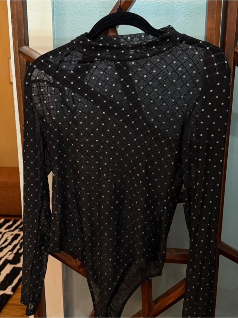 Sheer Black Bodysuit with Silver Polka Dots